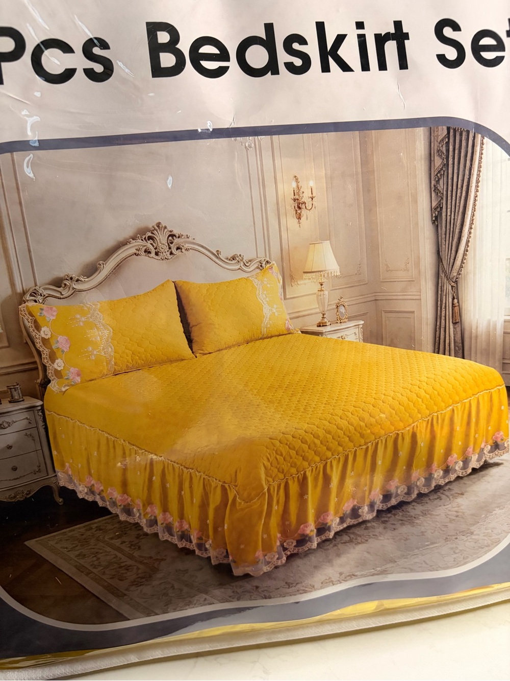 Yellow Quilted Bedskirt Set with Floral Lace Trim